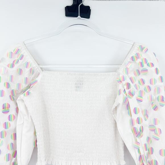Queen of Sparkles White Smocked Top Iridescent Sequin Polka Dot Womens Size XS - Picture 4 of 14